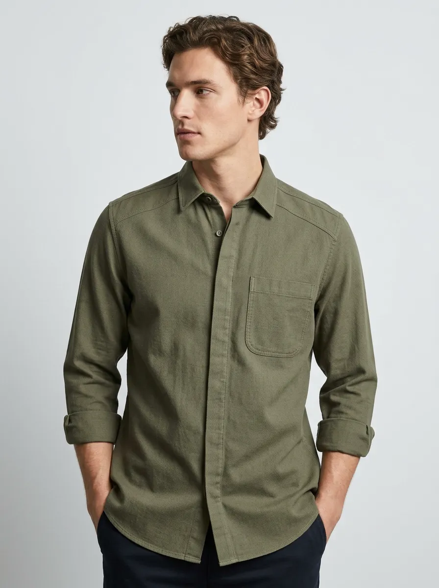 Men's Casual Olive Green Breathable Cotton Long Sleeve Shirt