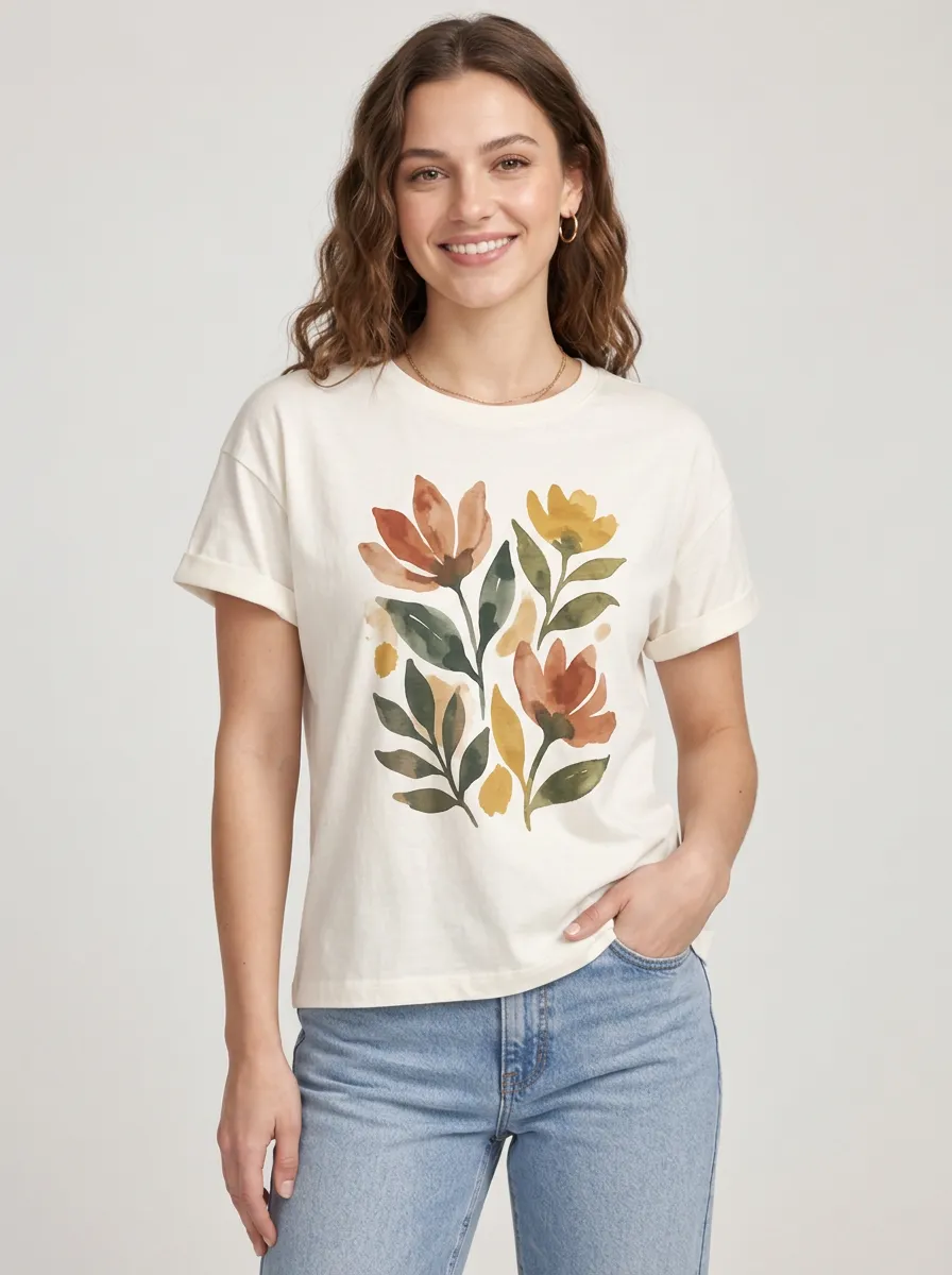 Women's Versatile Botanical Watercolor Floral Graphic T-Shirt