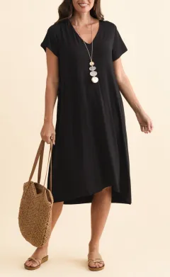 Bamboo Pocket V-Neck Short-Sleeve A-Line High-Low-Hem Below-Knee T-Shirt Dress