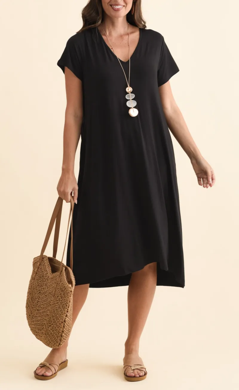 Bamboo Pocket V-Neck Short-Sleeve A-Line High-Low-Hem Below-Knee T-Shirt Dress