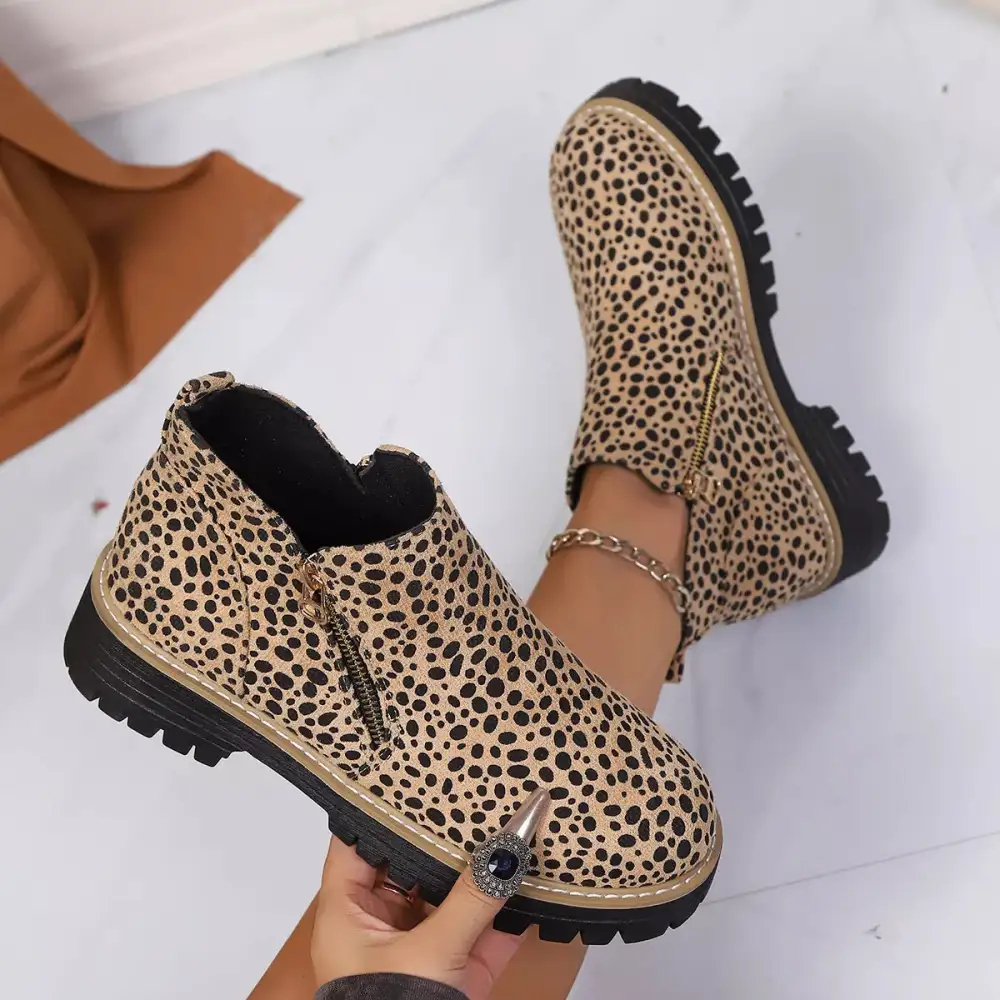 Leopard Print Ankle Boots with Zipper