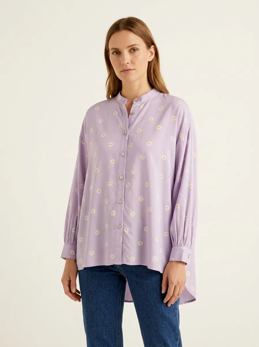 Women's Daisy-Print Mandarin-Collar High-Low Shirt