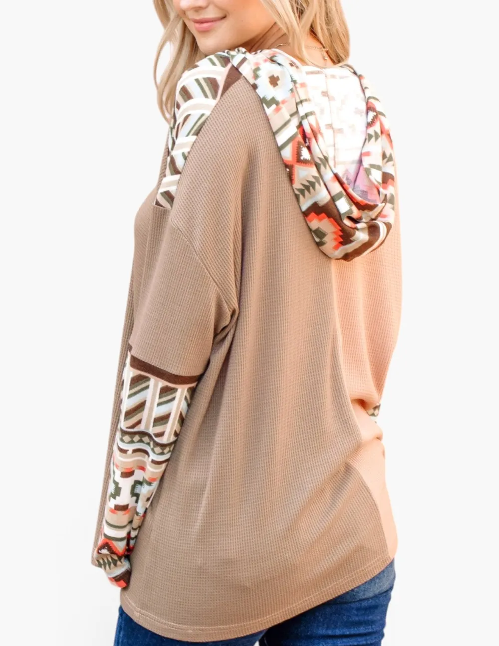 Aztec Print Color Block Waffle Knit Hoodie