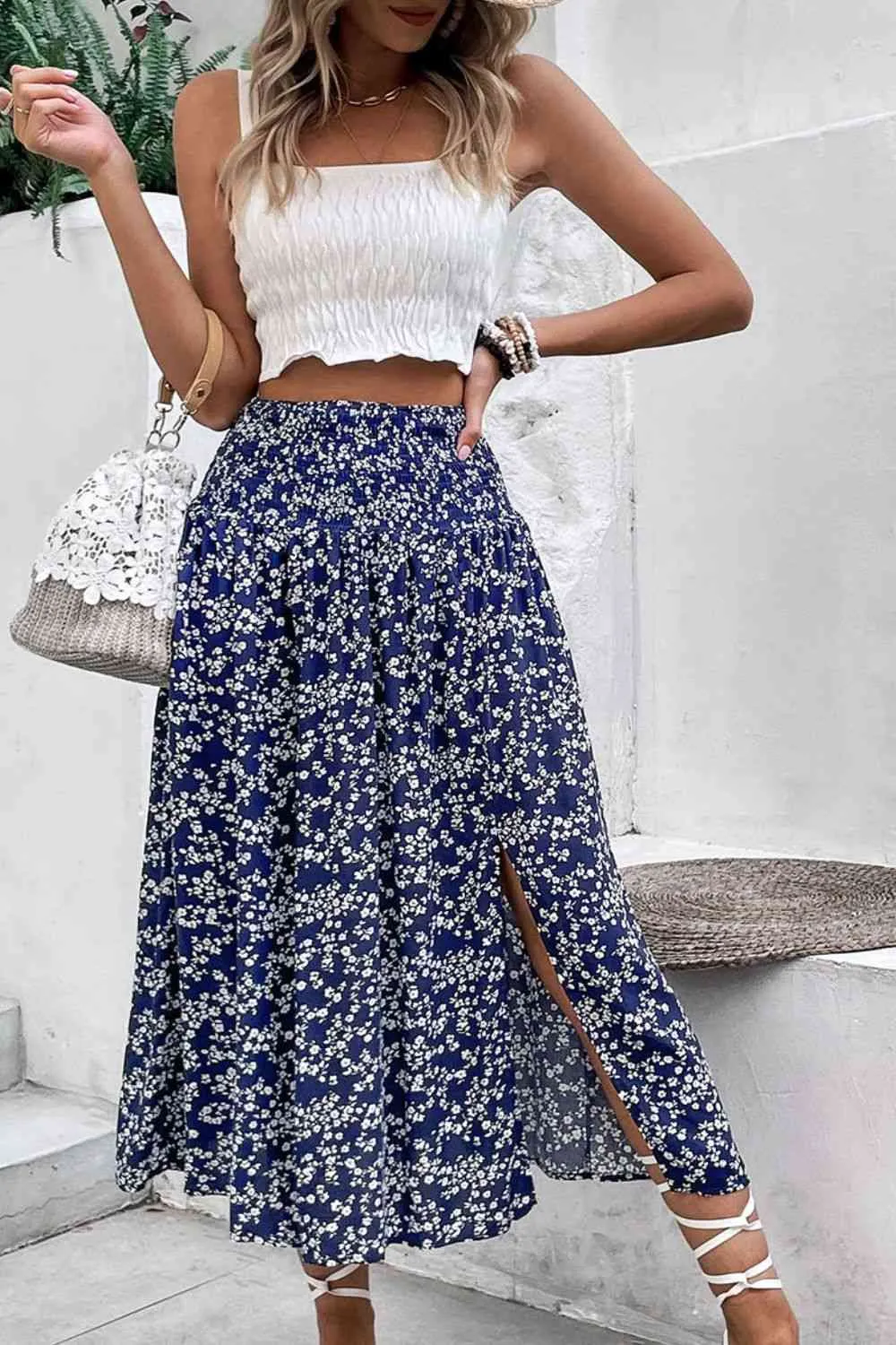 High Waist Floral Side Slit Skirt