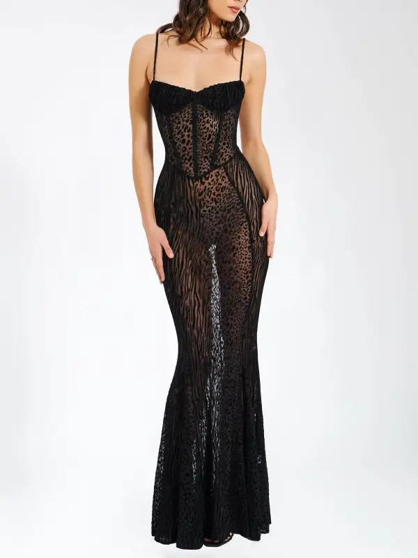 Leopard Print Mesh See Maxi Dress