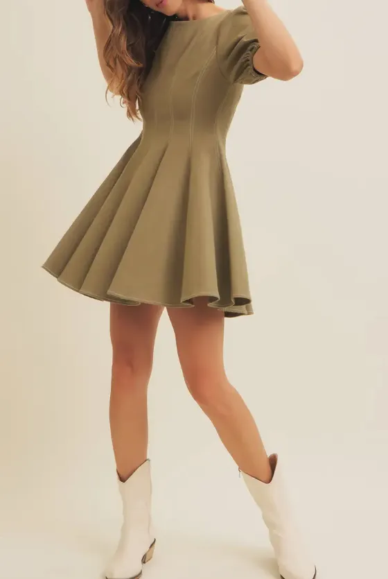 Olive Puff Sleeve Cotton Twill Mini Dress