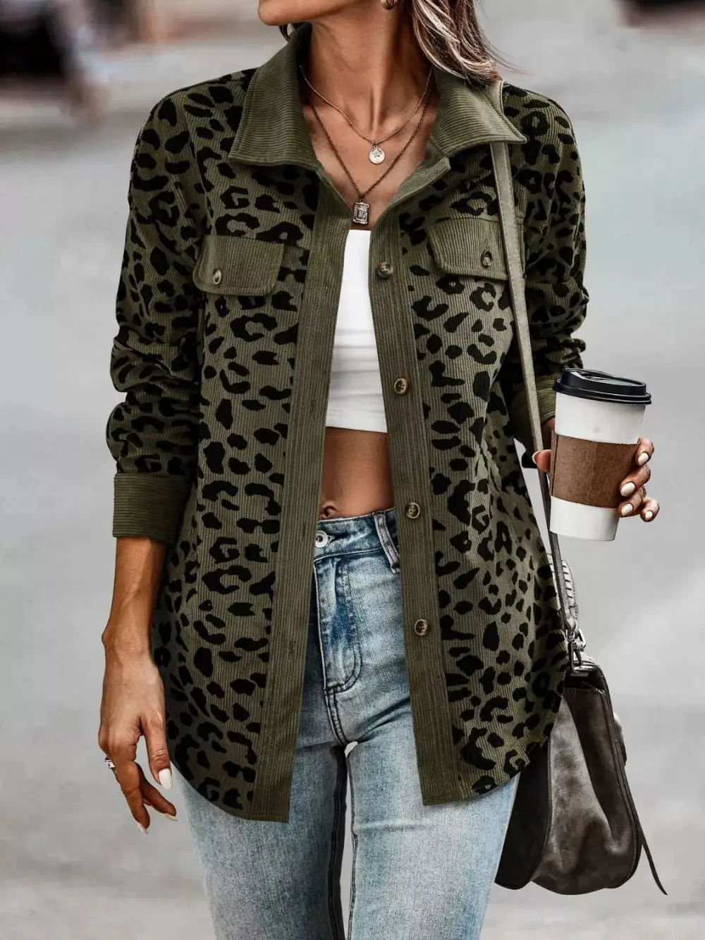 Full Size Leopard Print Button-down Jacket Plus Size