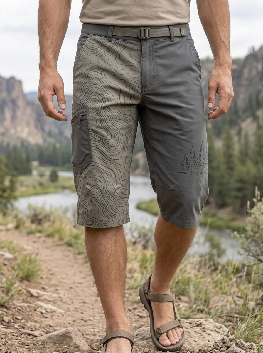 Men's Hiking Outdoor Topographic Pine Tree Cargo Shorts