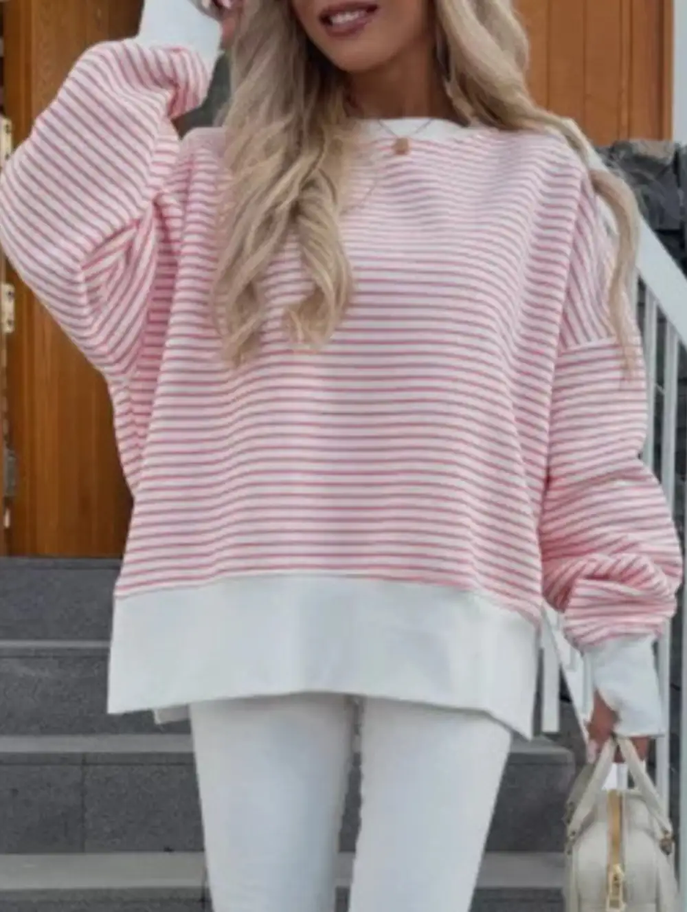 Crew Neck Striped Pullover Sweatshirt