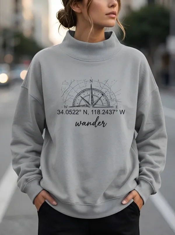 Travel Lover Compass Coordinates Casual Hoodie Sweatshirt