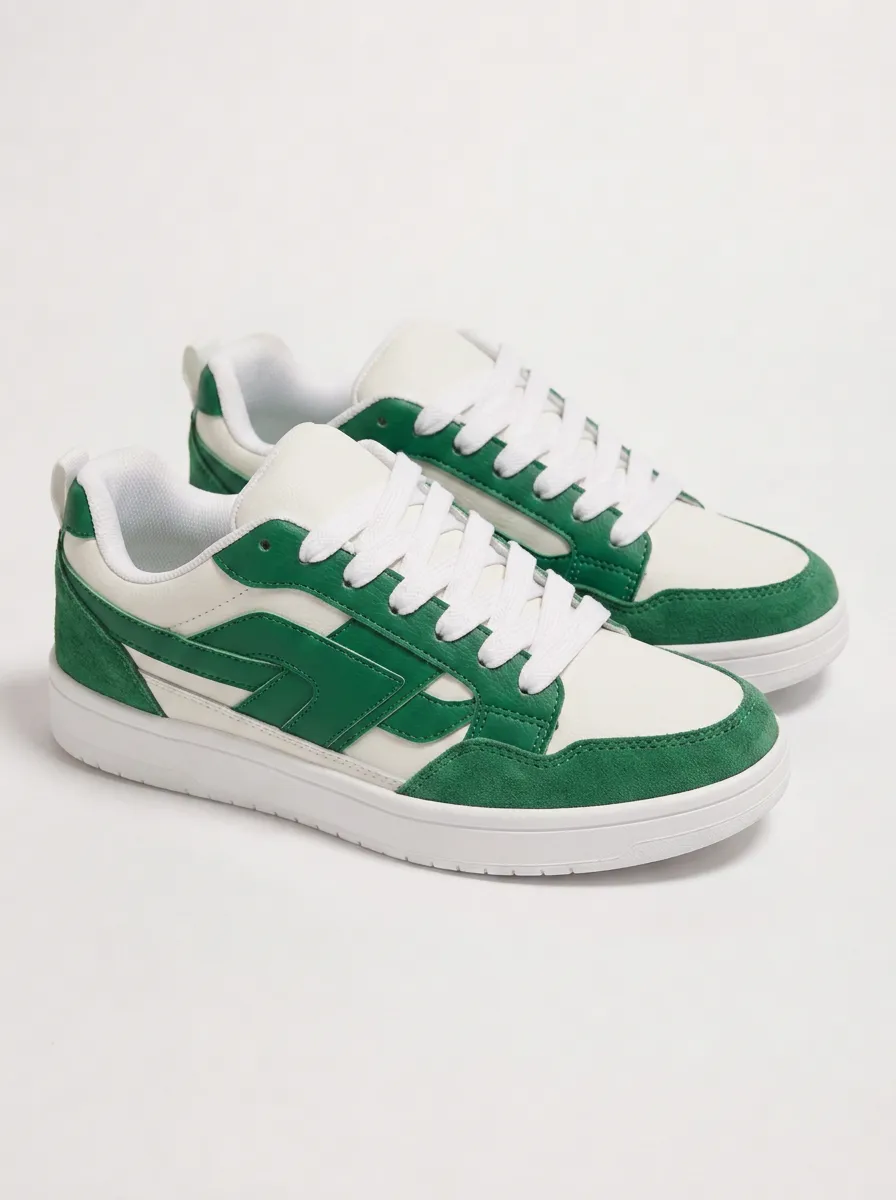 Women's Green White Colorblock Suede Leather Casual Sneakers