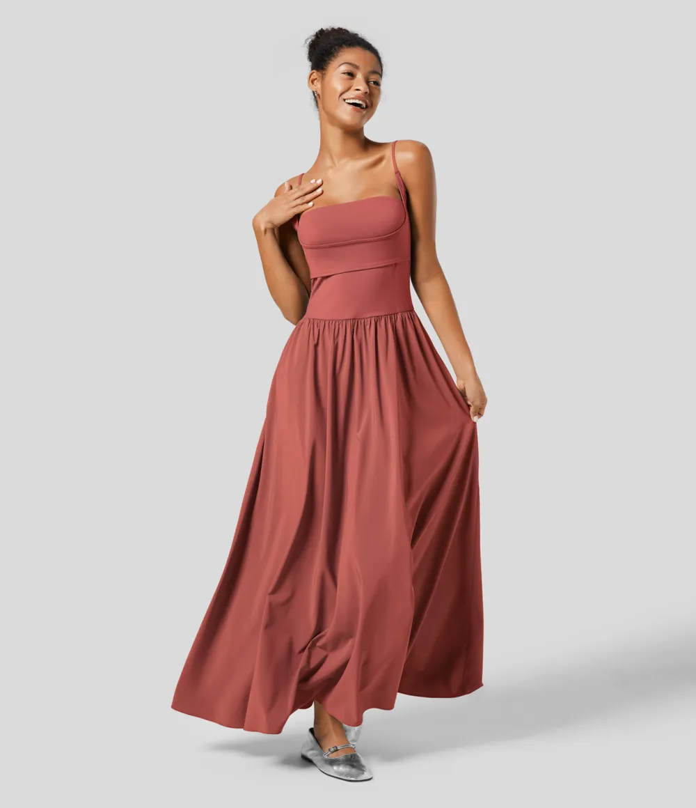 Breezeful Backless Side Pocket Plicated Flowy Flare Maxi Quick Dry Casual Slip Dress