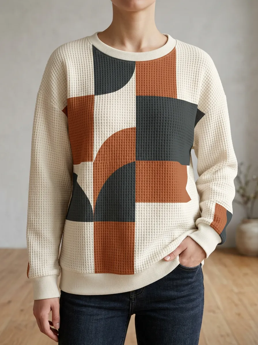 Women's Waffle Knit Abstract Geometric Pattern Crewneck Sweatshirt