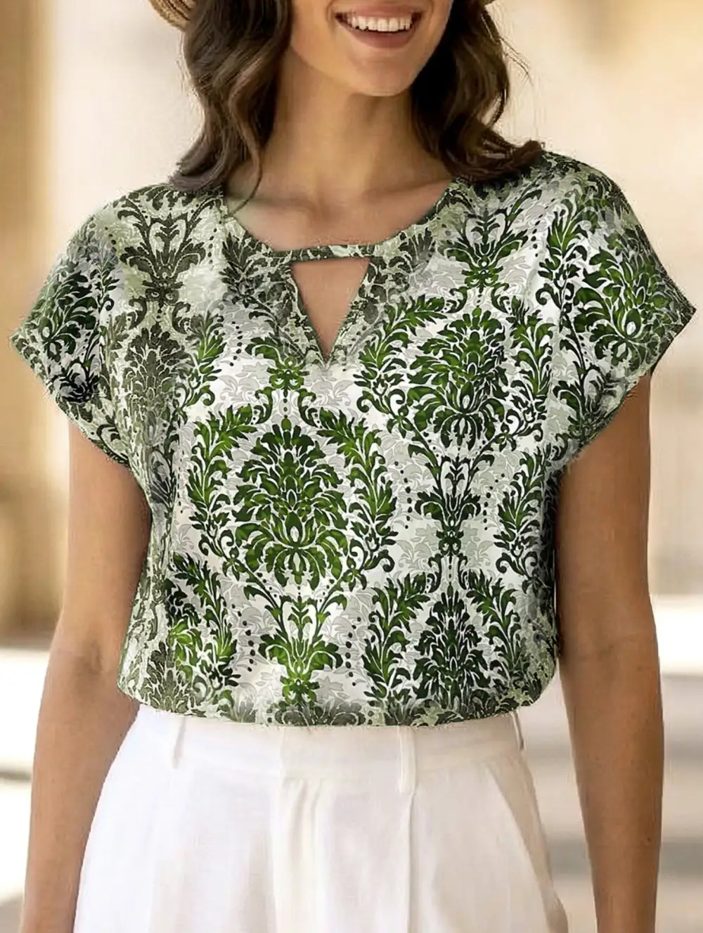 Print V-Neck Batwing Sleeve Top