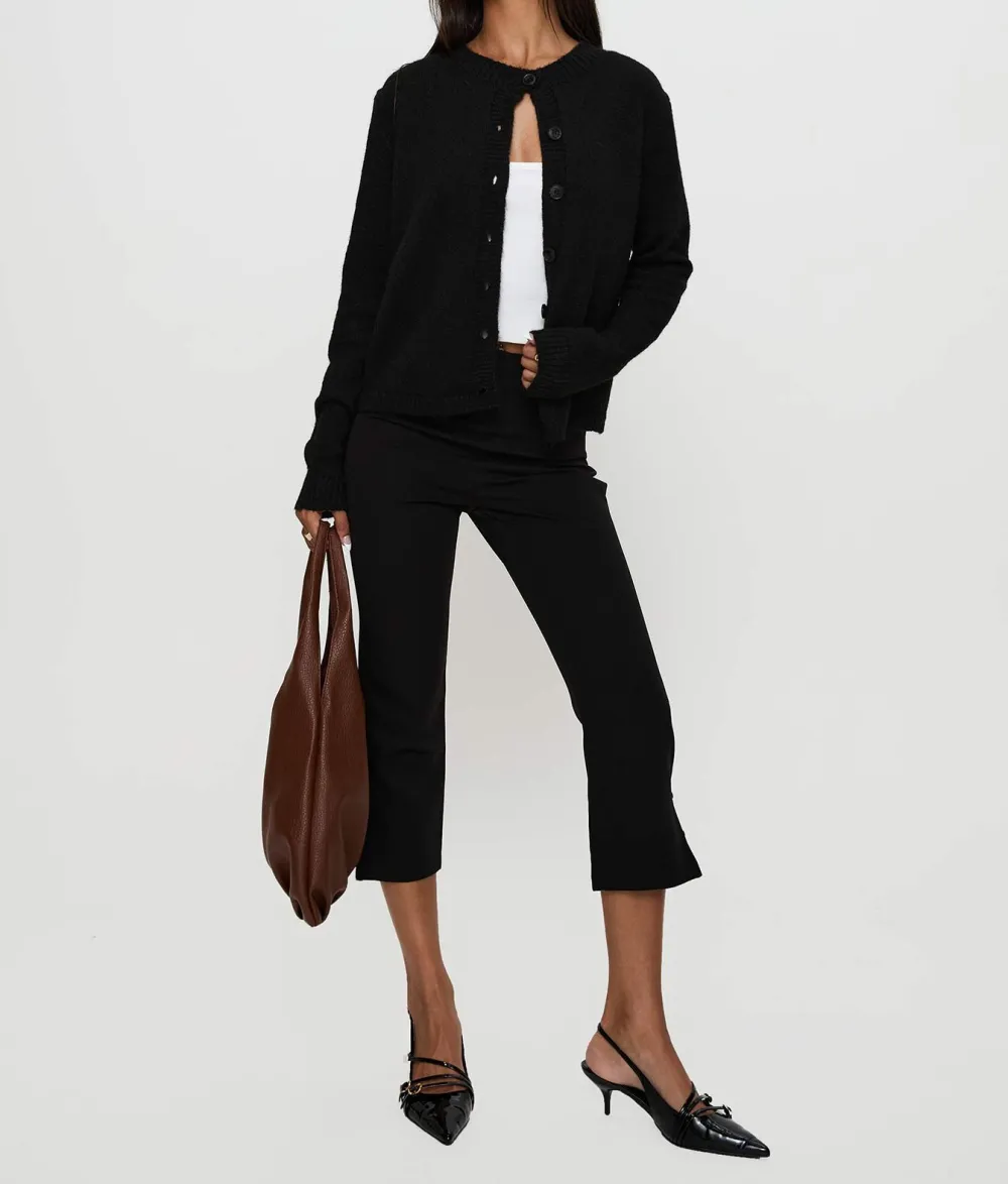 Black Knit Ruched Button-Up Cardigan