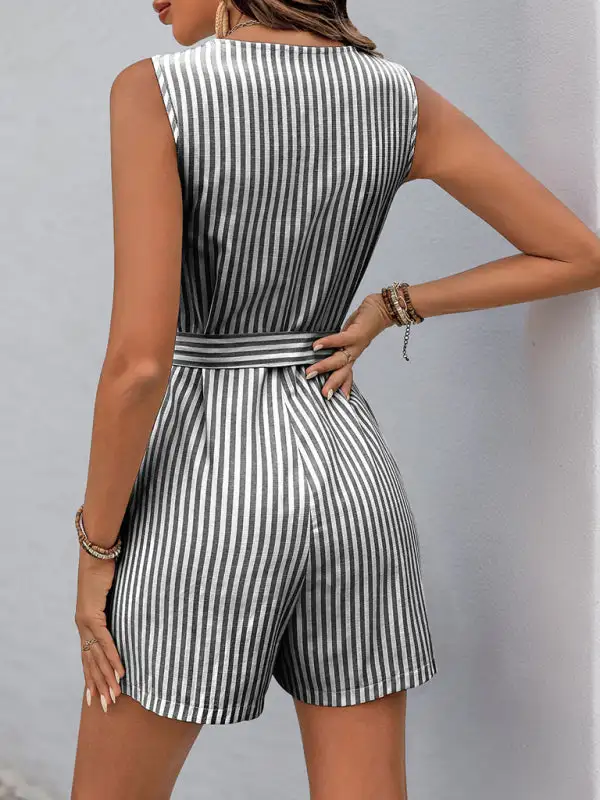 V Neck Sleeveless Striped Jumpsuit