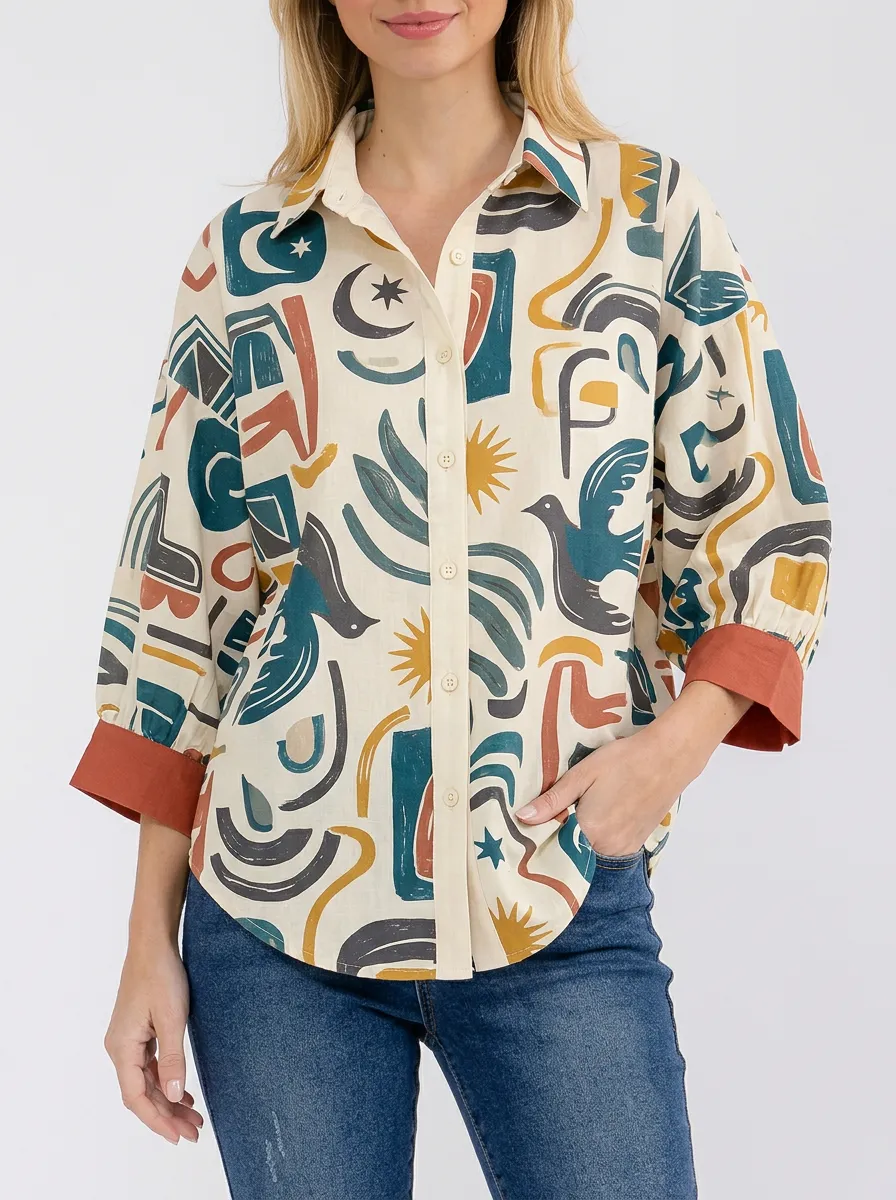 Women's Abstract Art Bird Sun Moon Printed Button-up Shirt