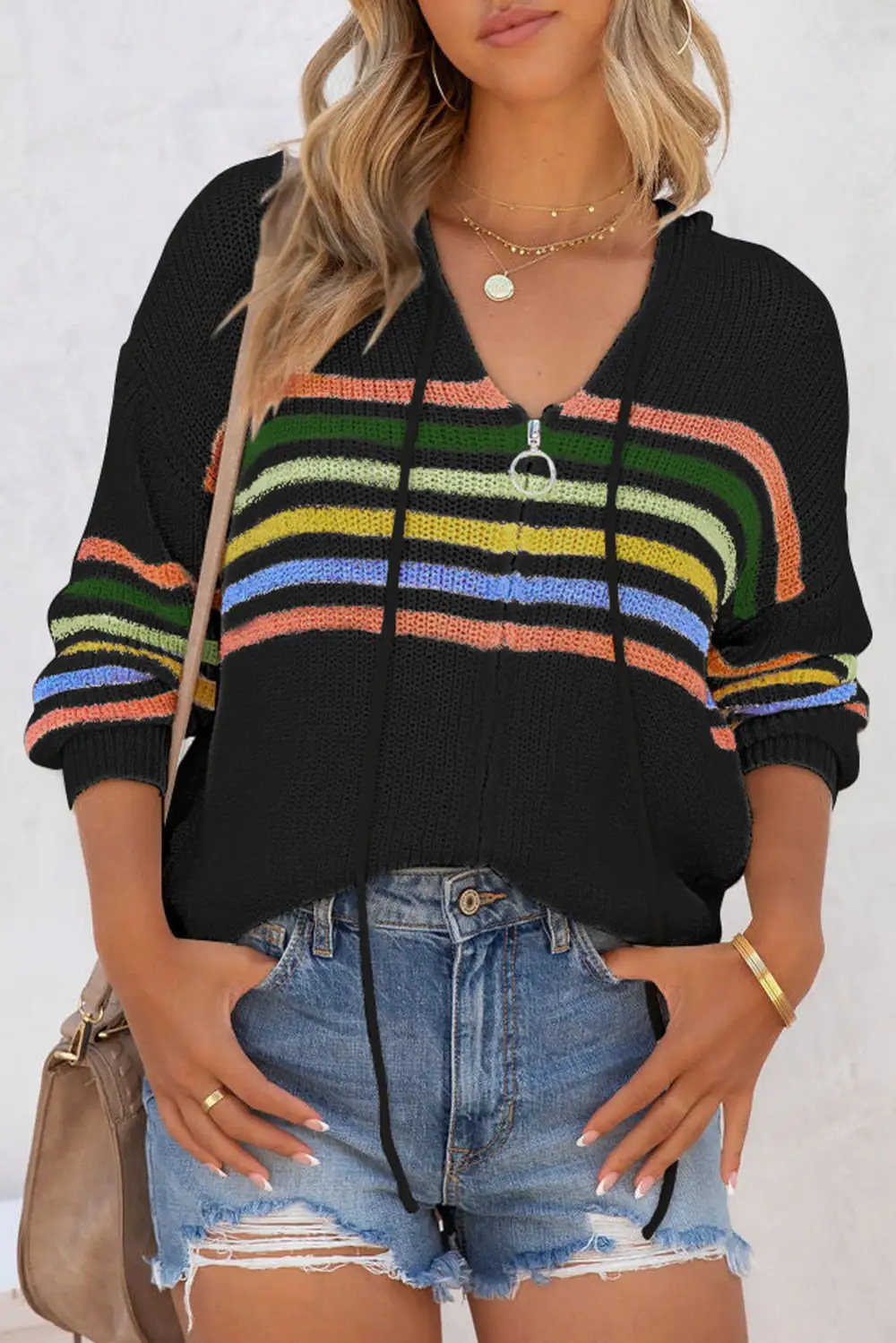 Striped Detail Zip Up Hooded Cardigan