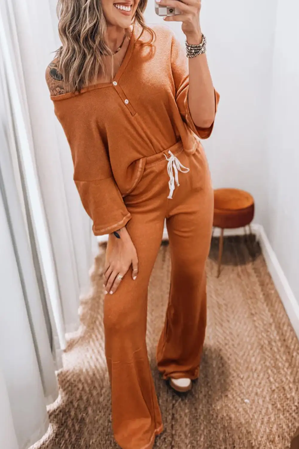 Sleeve Drawstring Soft Pants Lounge Set Comfort