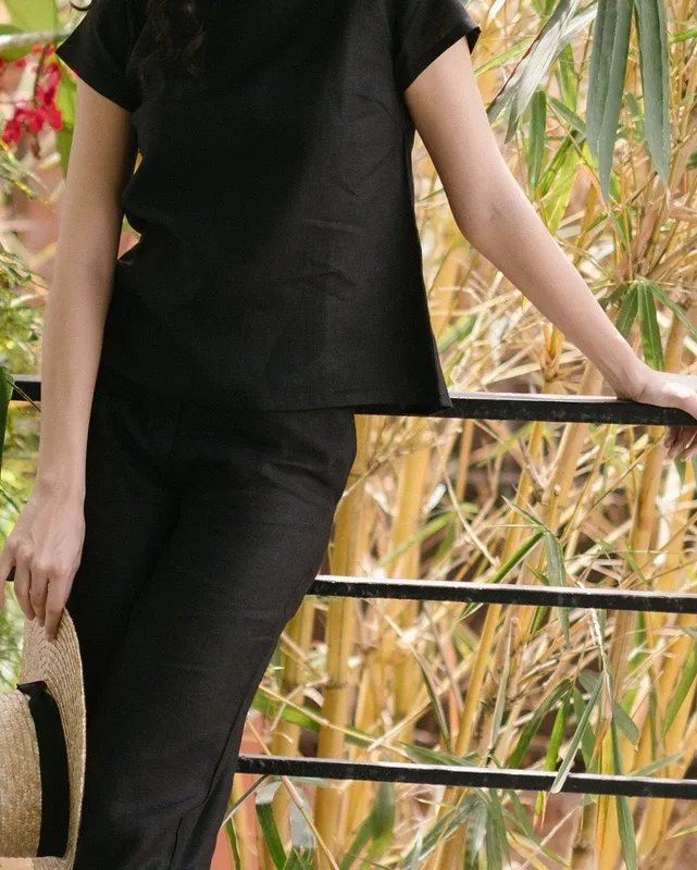 Black Linen Boat-Neck Top