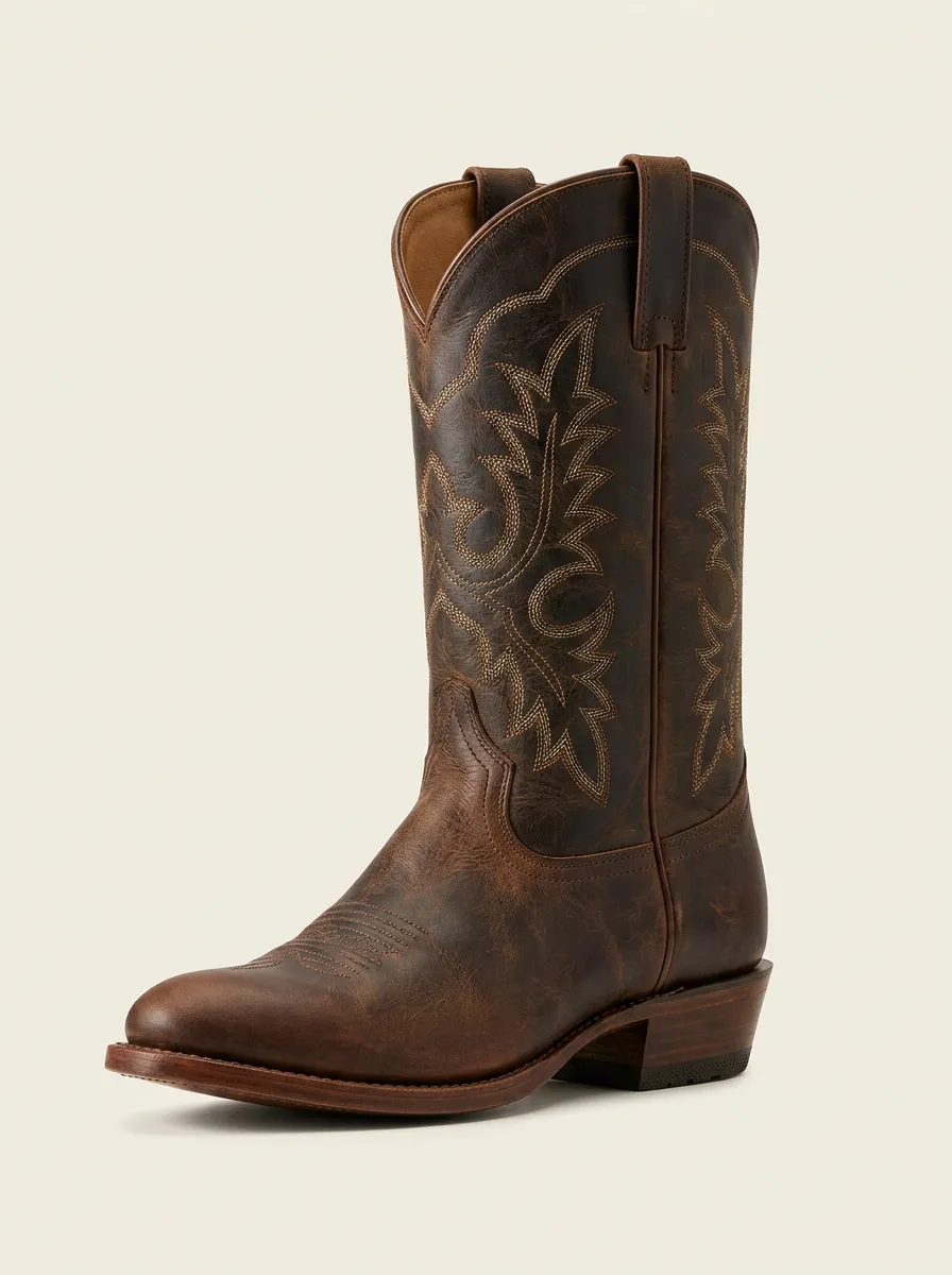 Men's Western Cowboy Brown Leather Embroidered Stitching Cowboy Boots
