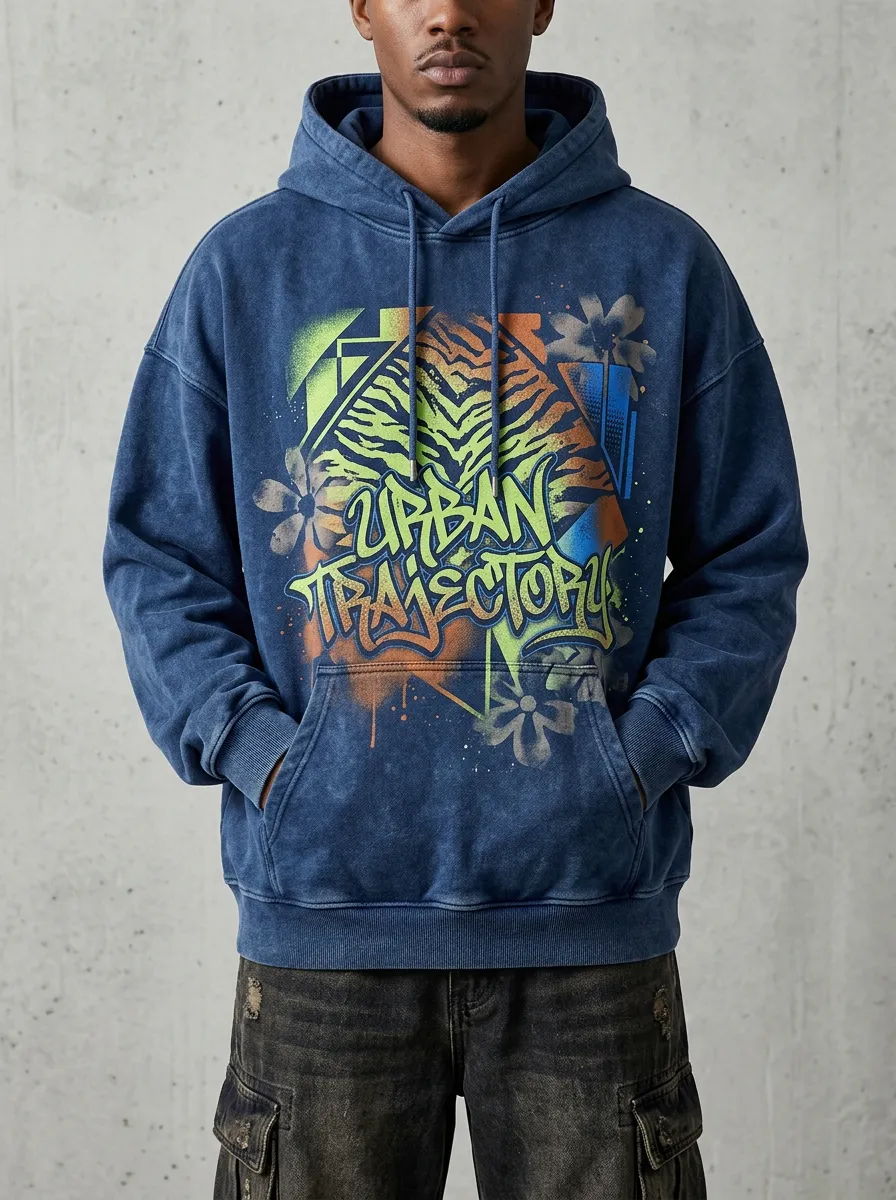 Men's Streetwear Graffiti Tiger Washed Hoodie
