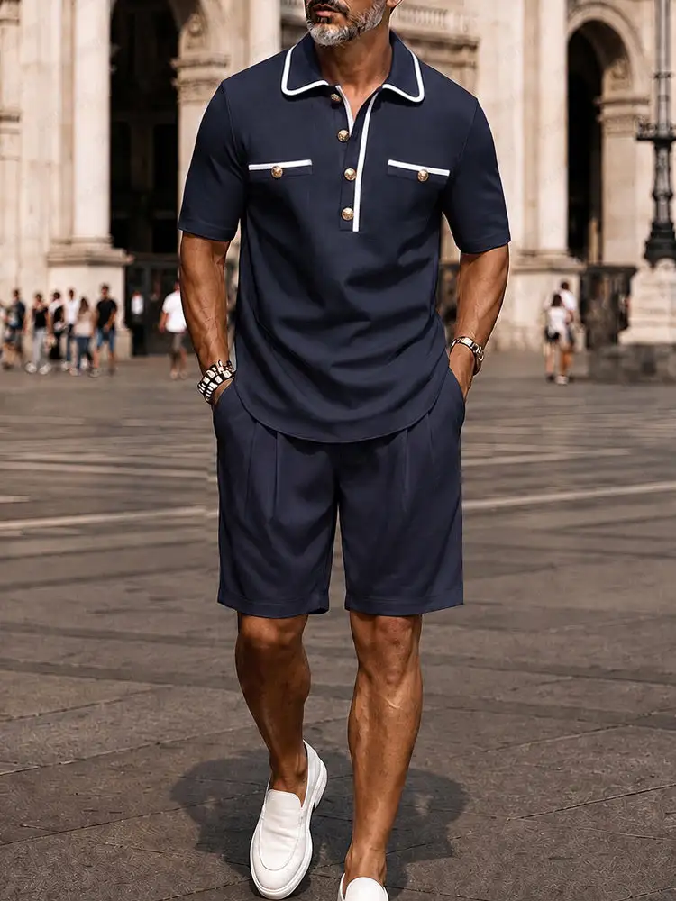 Contrast-Trim Woven Polo Shirt & Shorts Set