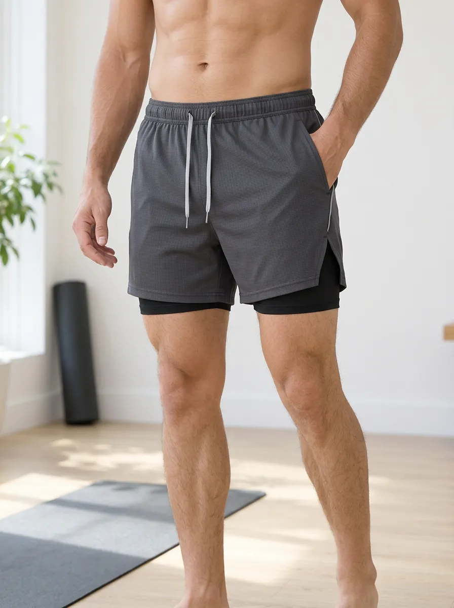 Men's Fitness Workout Grey Two-in-One Running Shorts