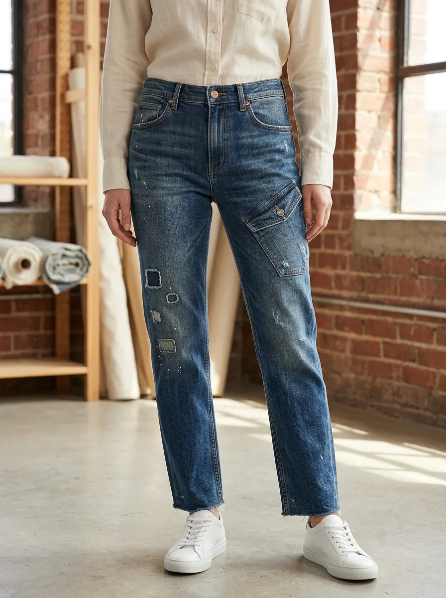 Women's Casual Fashion Distressed Patchwork Cargo Denim Pants