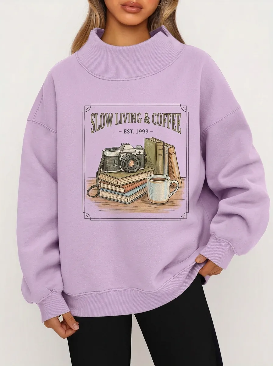 Women's Slow Living Coffee Book Camera Graphic Sweatshirt
