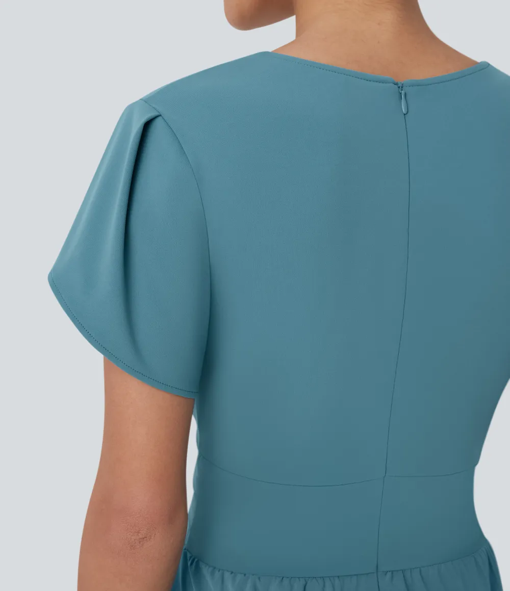 Breezeful V Neck Petal Sleeve Pocket Wide Leg Flowy Quick Dry Work Jumpsuit