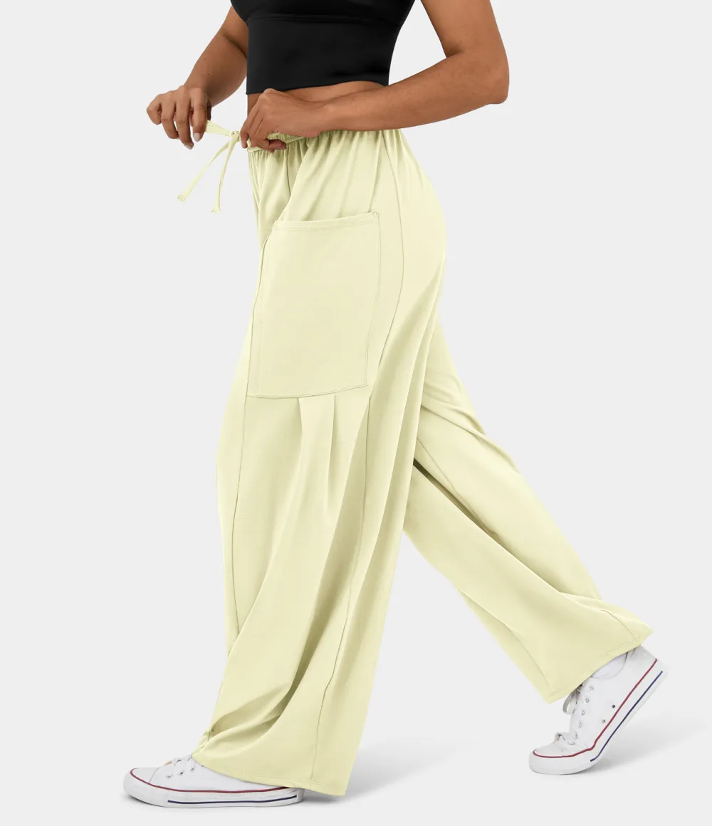 Mid Rise Elastic Waistband Drawstring Side Pocket Palazzo Flowy Wide Leg Casual Pants