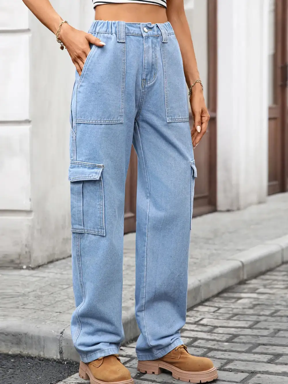 Versatile High Waist Cargo Denim Jeans