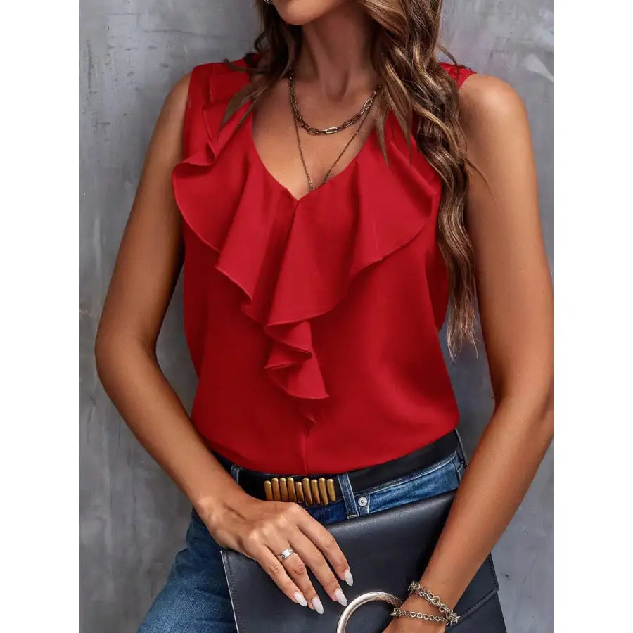 Cozy Ruffled V Neck Tank
