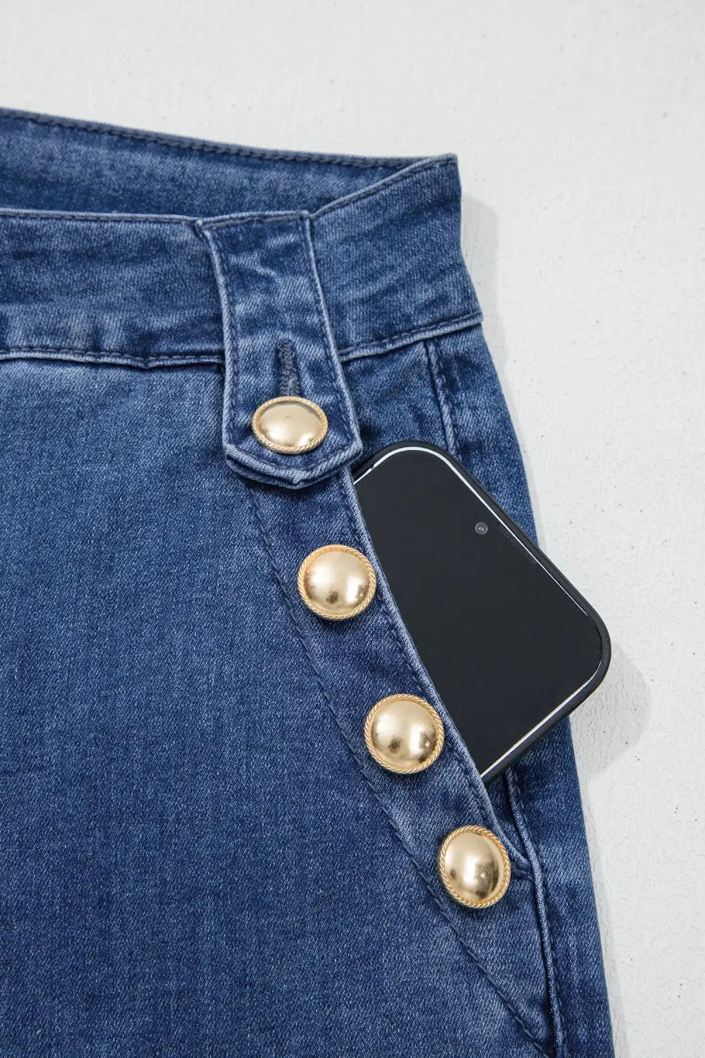 Women's Golden Button Detail Rolled Edge Flare Leg Jeans