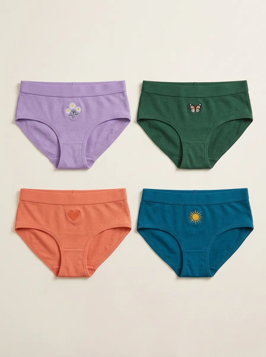 Women's Four-Pair Daisy Butterfly Heart Sun Embroidered Brief Set