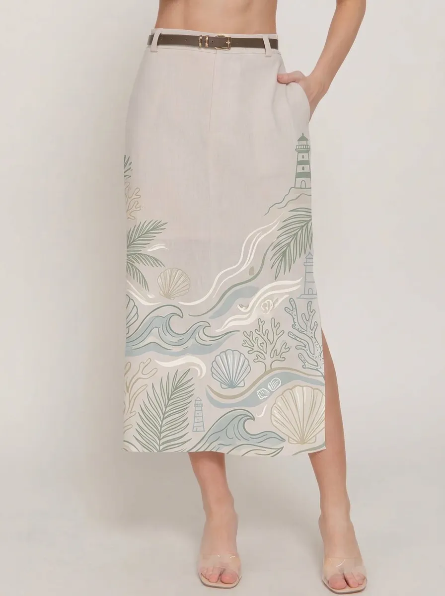 Women's Coastal Beach Lover Lighthouse Seashell Printed Skirt