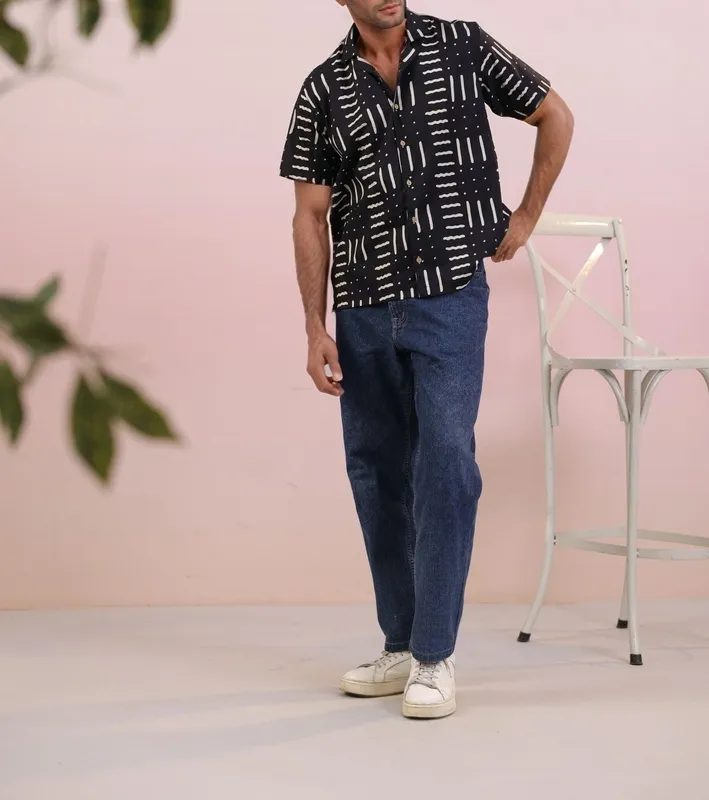 Black Abstract Mulmul Cotton Camp Collar Shirt