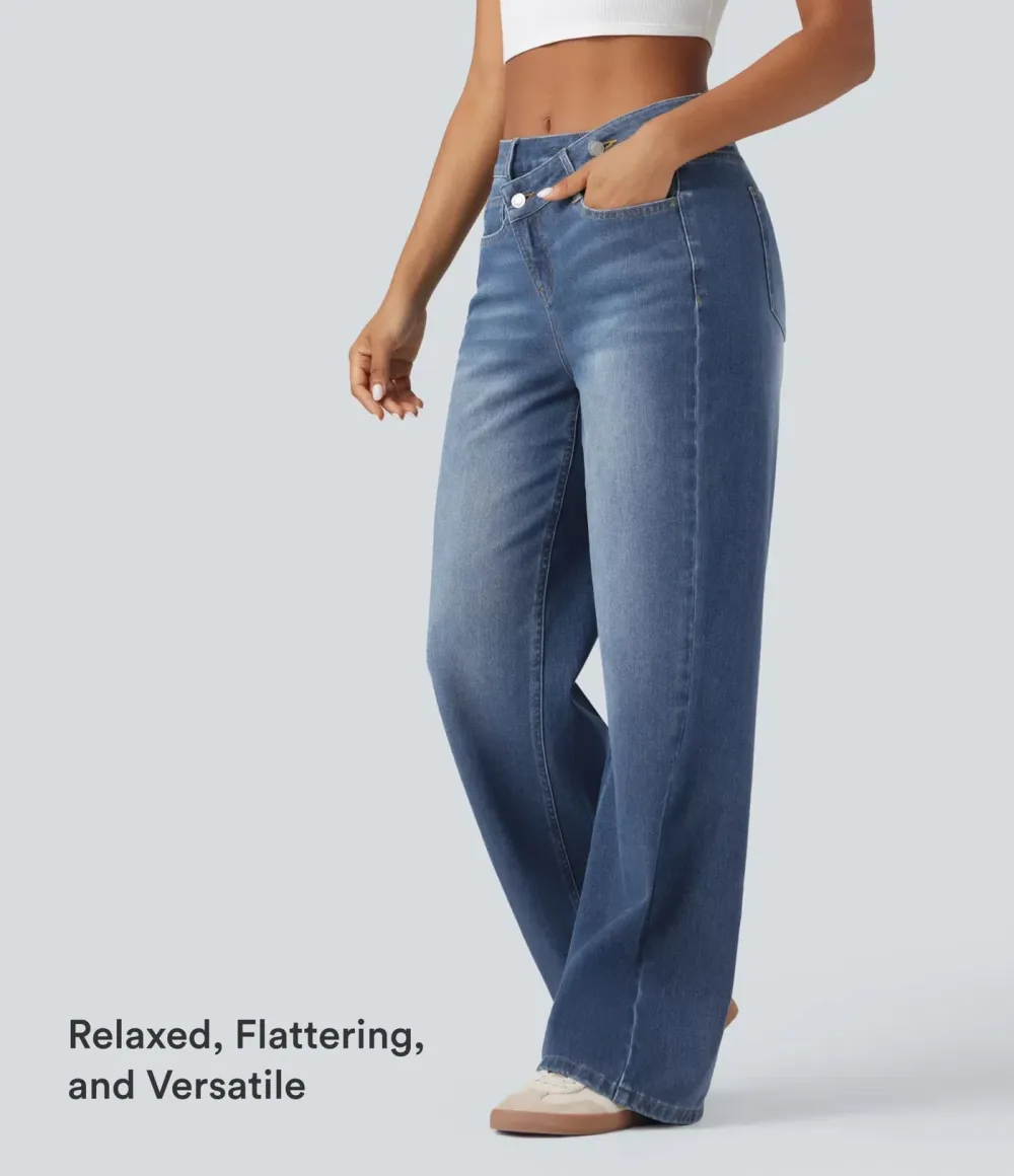 2026🔥  High-Waisted Asymmetrical Baggy Jeans — Washed Effect with Pockets