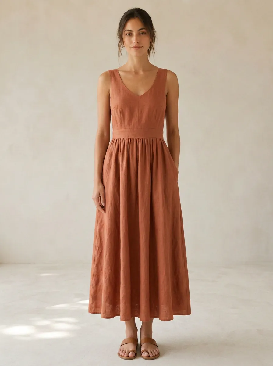Women's Classic Casual Linen Midi Backless Dress