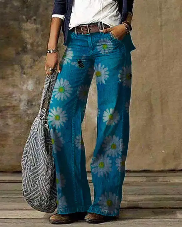 Casual Vintage Floral Print Pants