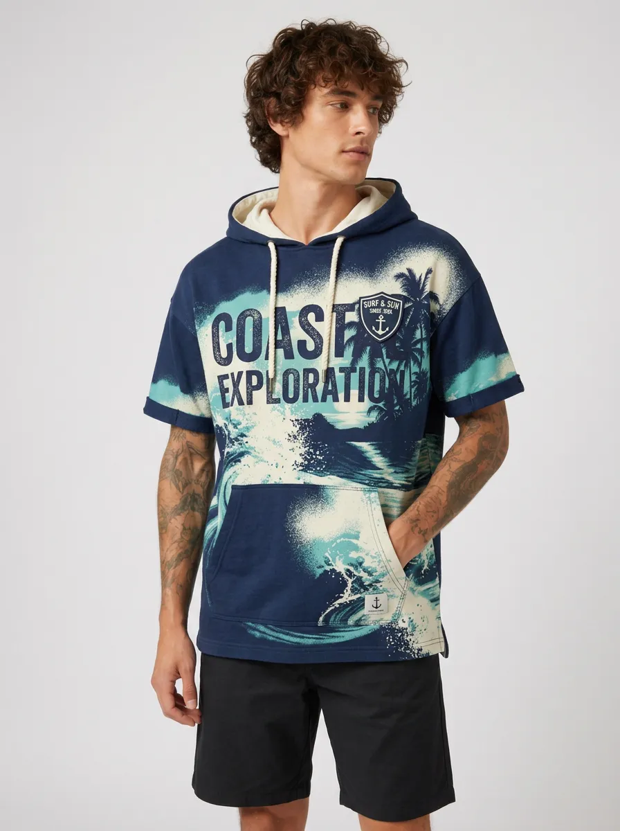 Men's Coast Exploration Surf Ocean Printed Short Sleeve Hoodie