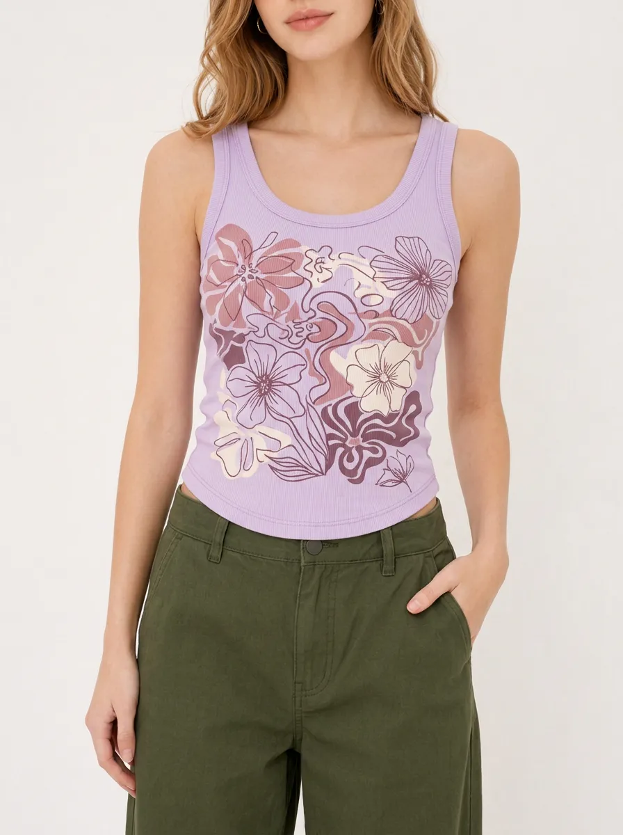 Women's Retro Floral Aesthetic Printed Ribbed Tank Top