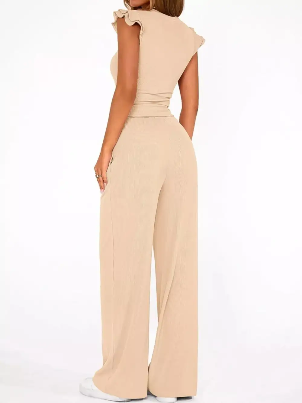 Ruffled Mock Neck Top and Wide Leg Pants Set