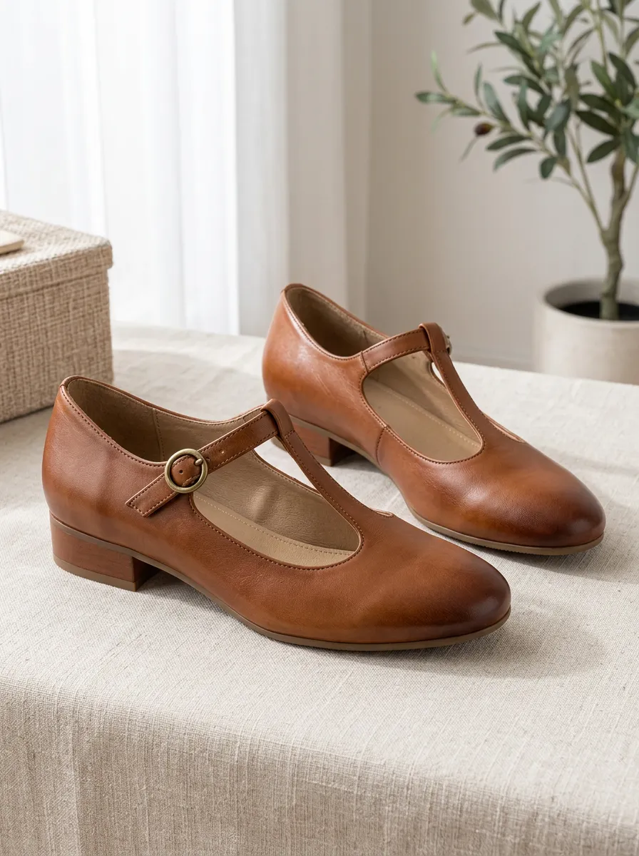 Women's Vintage Leather T-Bar Mary Jane Shoes