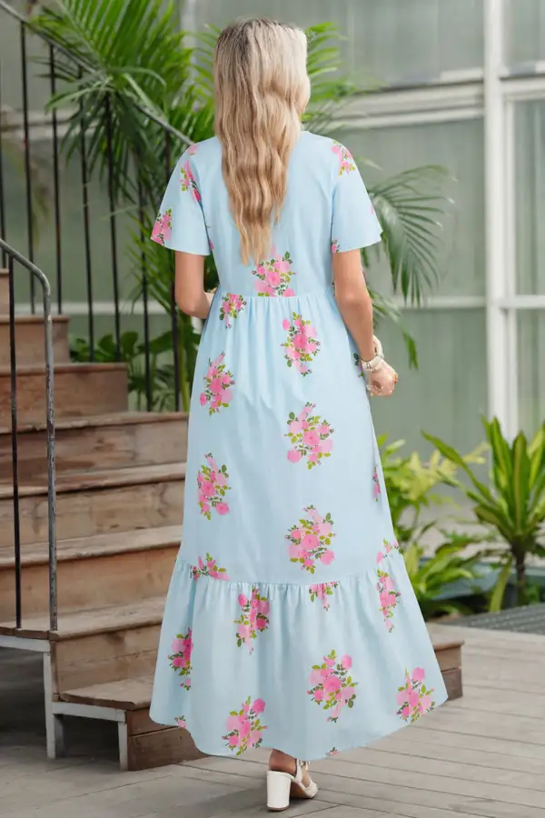 Sky Notched Neck Flutter Short Sleeve Floral Print Maxi