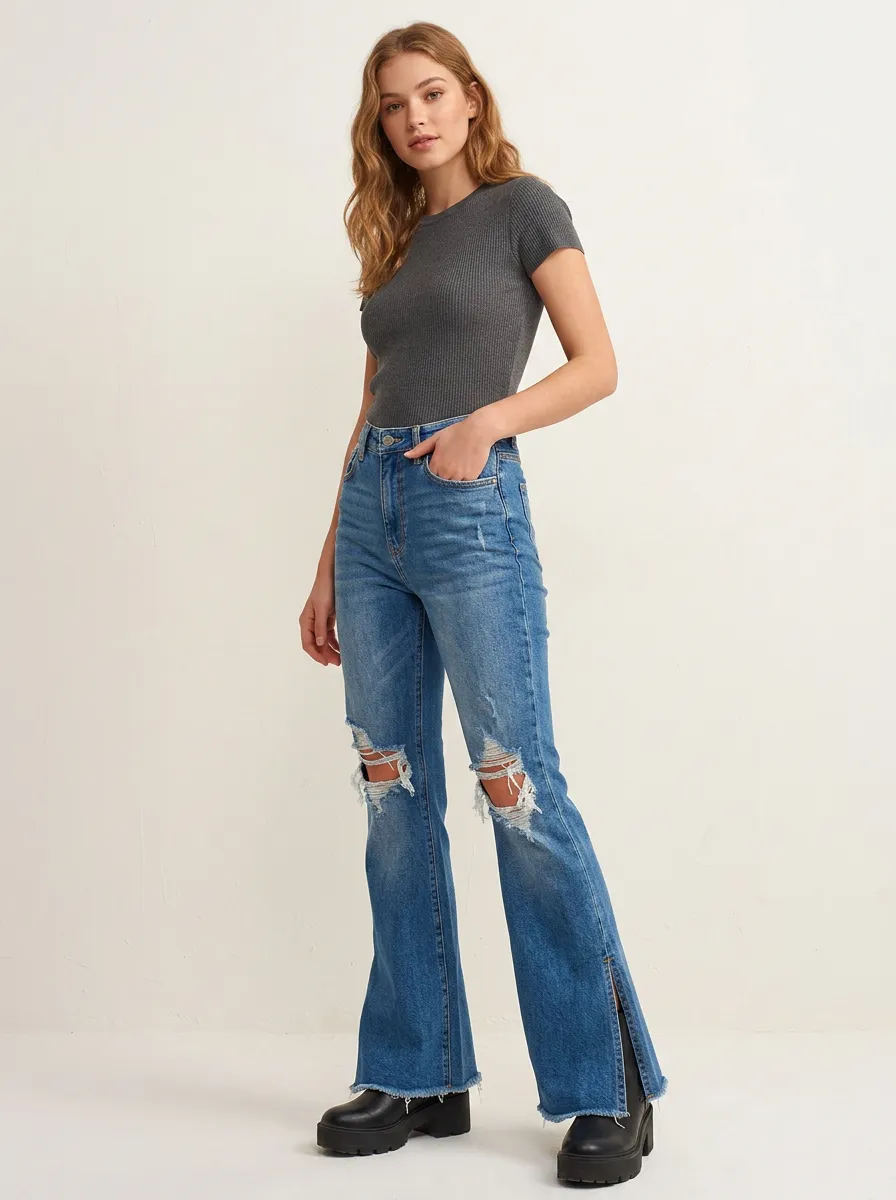 Women's Casual Fashion Distressed High-Rise Split Hem Denim Pants