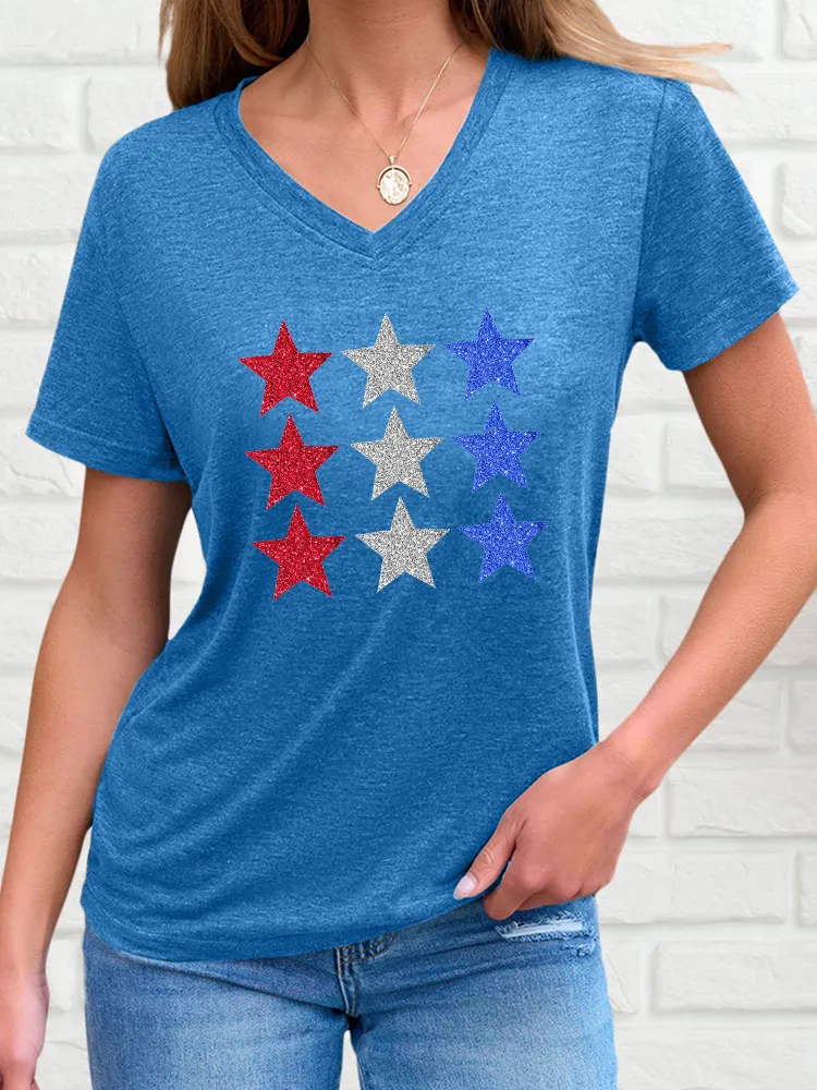 Star Pattern V-Neck Short-Sleeve T-Shirts