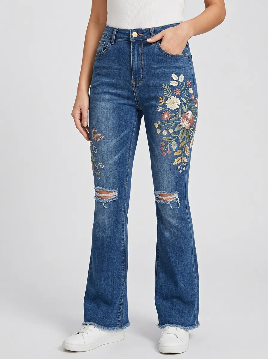 Women's Medium Wash Floral Butterfly Raw Hem Flare Jeans