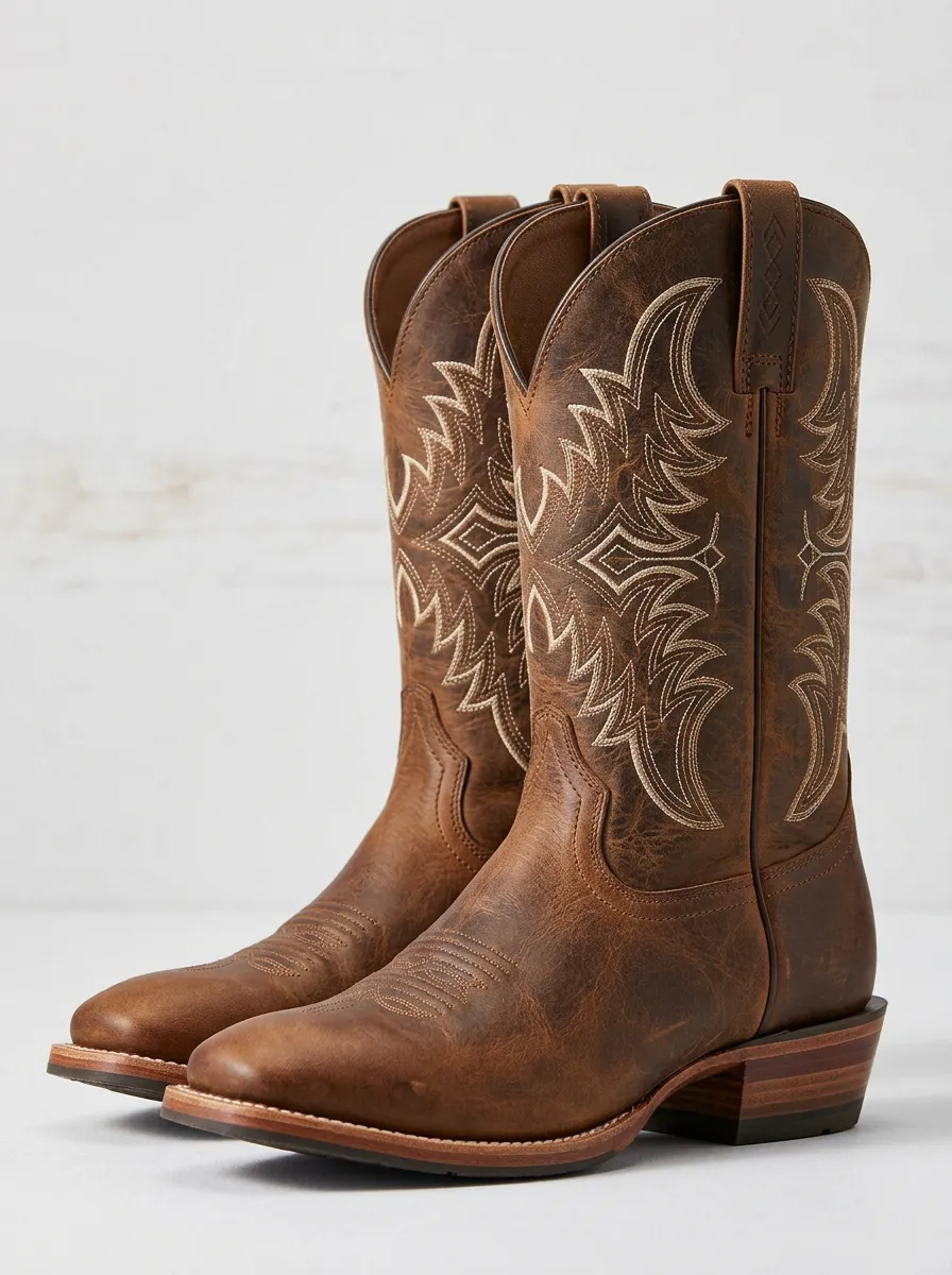 Unisex Western Cowboy Embroidered Brown Leather Western Boots